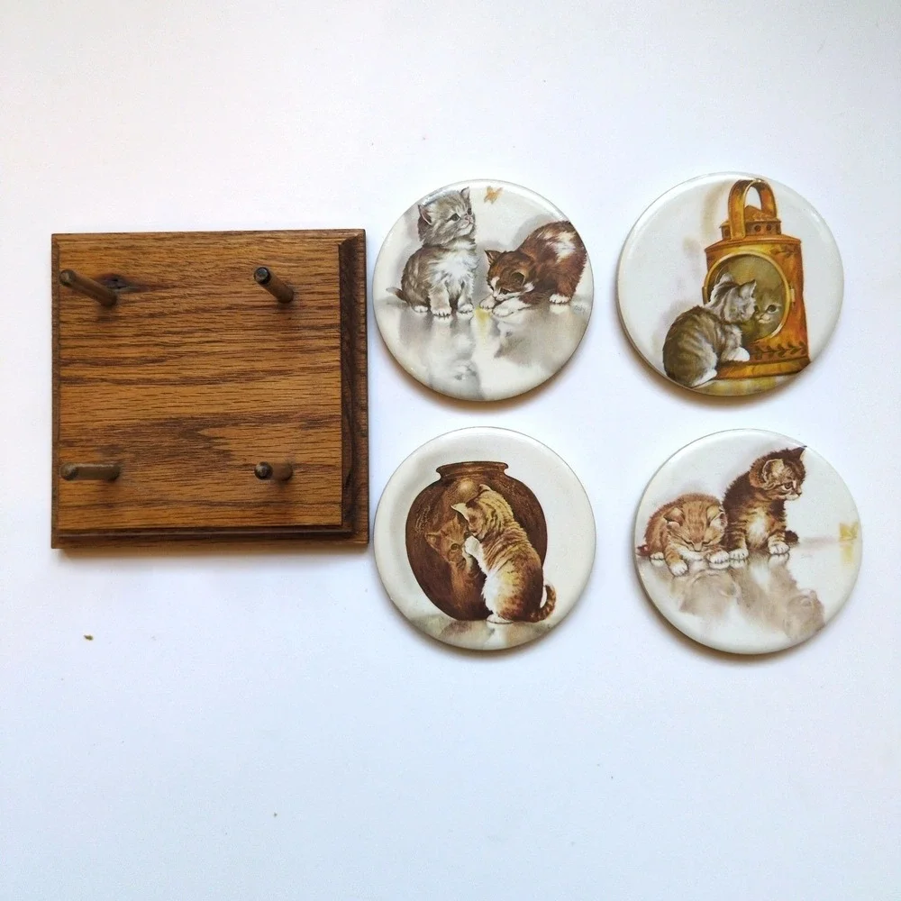 Vintage Kitty Cat Drink Coasters - Set of 4 with Oak Wood Holder‎ - USA Made